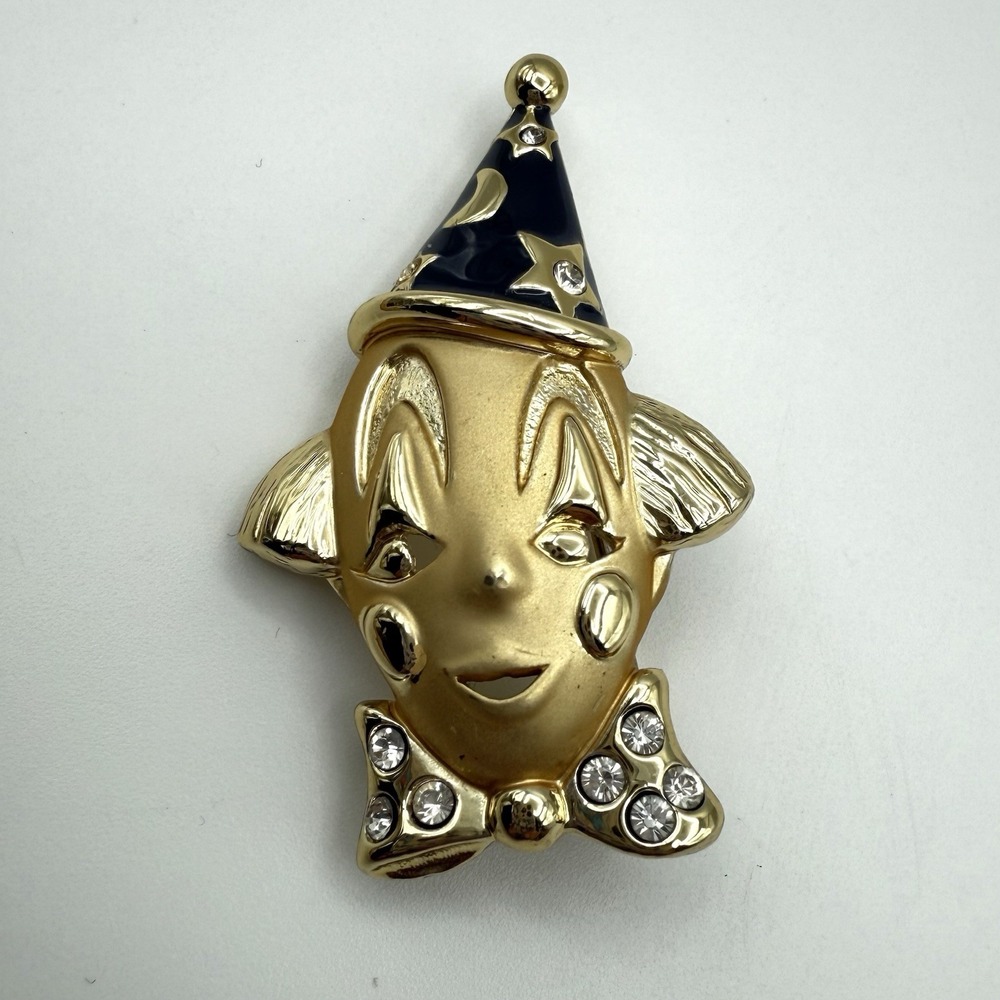 Vintage Danecraft Gold Tone Clown Enamel Blue Hat Moon Stars Rhinestones Brooch